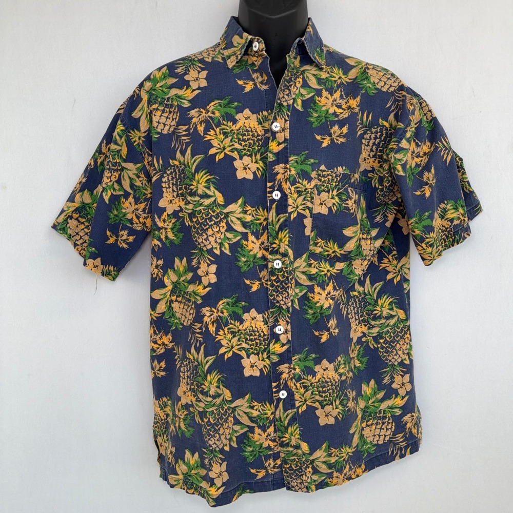 VTG Sears Hawaiian Shirt Mens Medium Blue Upside Down Pineapple Tiki Aloha